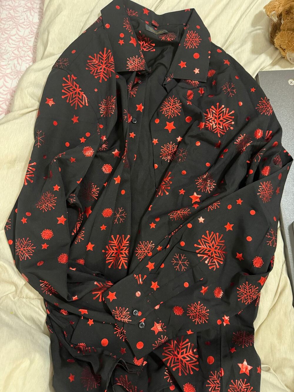 DiBanGu Mens 3XL Christmas Shirt Black Red Metallic Snowflake Holiday Button NWT